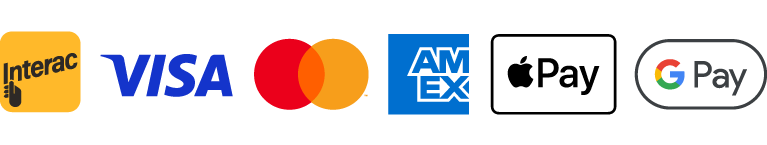 Interac Debit, Visa, Mastercard, Amex, Apple Pay, Google Pay