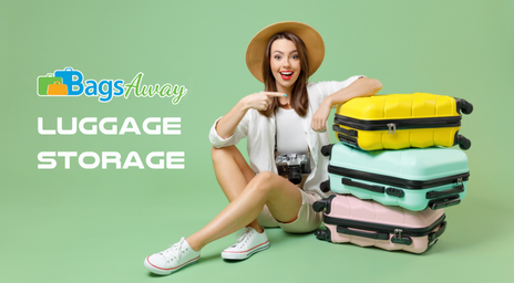 Bags Away: Luggage Storage. A woman wearing a vacation hat sitting next to three suitcases stacked on top of each other on a green background.