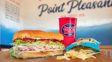 A Jersey Mike’s meal including a sub, bag of Miss Vickies chips and drink.
