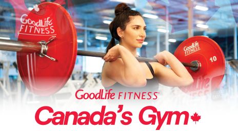 Person lifting a barbell with red weight plates in a gym, with 'GoodLife FITNESS Canada's Gym' text displayed.