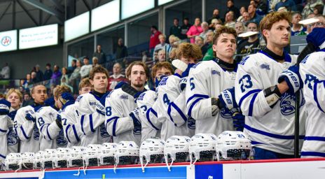 Brampton Steelheads players forming a line during a pre-game ceremony