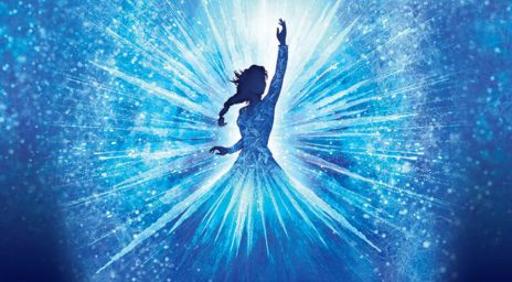 A glowing silhouette of Elsa from Frozen, sculpted entirely from crystal-clear ice, reflecting soft blue and white light.