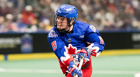 A lacrosse player in Toronto Rock uniform