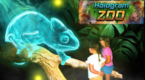 Two children observing a large glowing blue holographic chameleon perched on a tree branch with lush green leaves in the background.