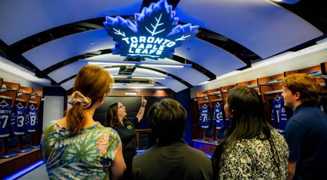 Fans enjoying a tour of Toronto Maple Leaf Locker Room