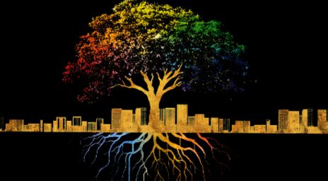Rainbow tree and city skyline artwork for It’s a Good Life If You Don’t Weaken at Theatre Aquarius.